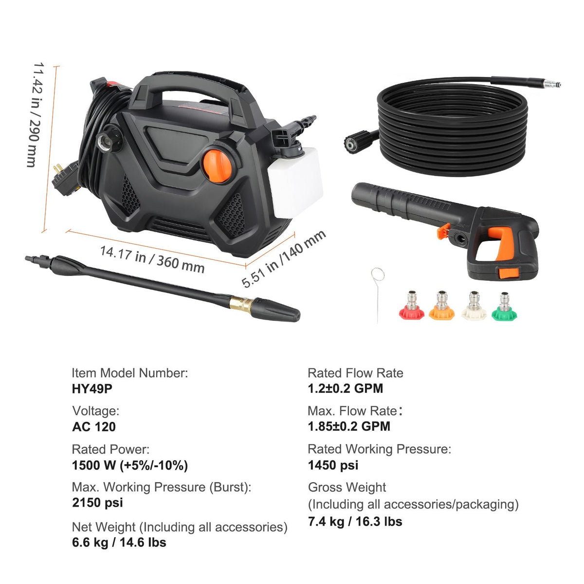 Electric Pressure Washer, 2150-PSI 1.85-GPM, Foam Cannon High-Pressure with 5 Different Nozzle, 20ft Hose/35ft Cord Lightweight Washer, Portable Cleans Cars/Fences/Patios/Furniture/Floor/Window