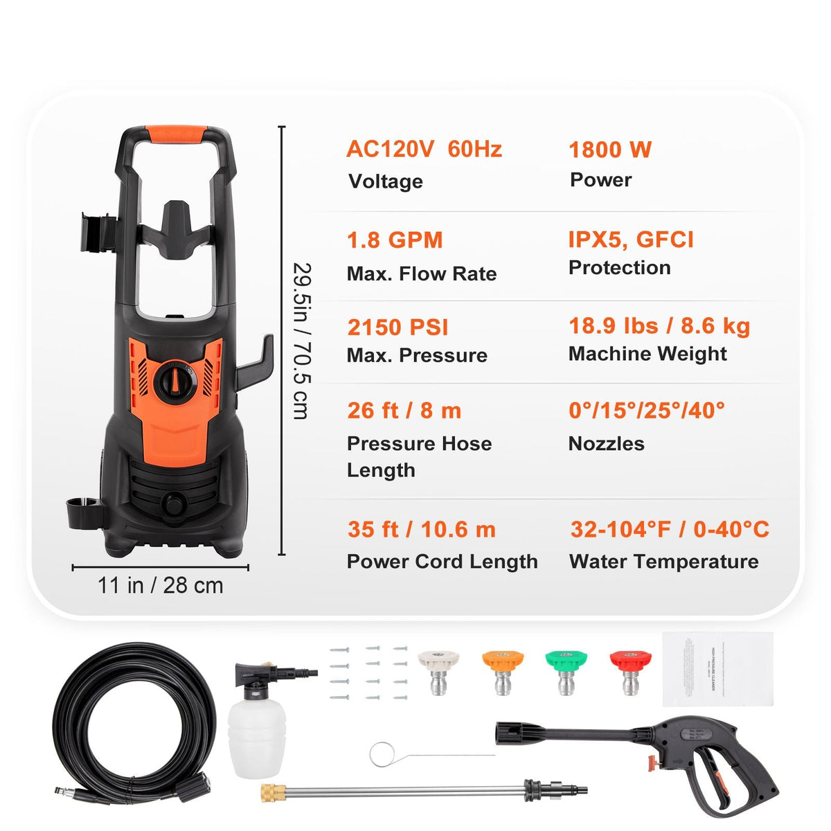 Electric Pressure Washer, 2150 PSI, Max. 1.8 GPM, 1800W Power Washer w/ 26 ft Hose, 4 Quick Connect Nozzles, Foam Cannon, Portable to Clean Patios, Cars, Fences, Driveways
