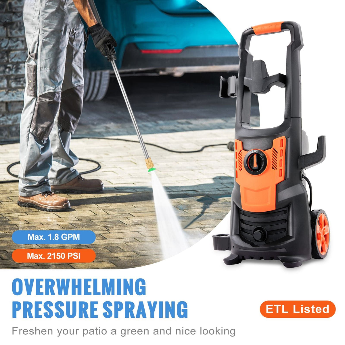 Electric Pressure Washer, 2150 PSI, Max. 1.8 GPM, 1800W Power Washer w/ 26 ft Hose, 4 Quick Connect Nozzles, Foam Cannon, Portable to Clean Patios, Cars, Fences, Driveways