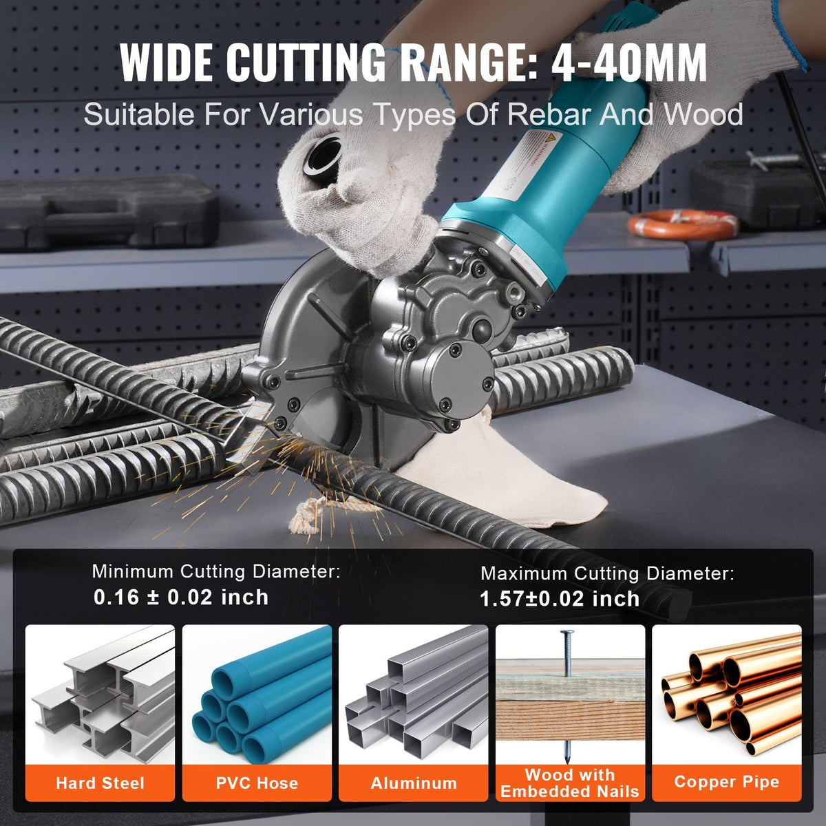 Electric Rebar Cutter, 1100W Portable Rebar Cutter, Cutting up to 3/2 inch (4-40mm) Rebar, High Power Steel Concrete Rebar Cutter with Auxiliary Small Handle Tool Case, RD-10
