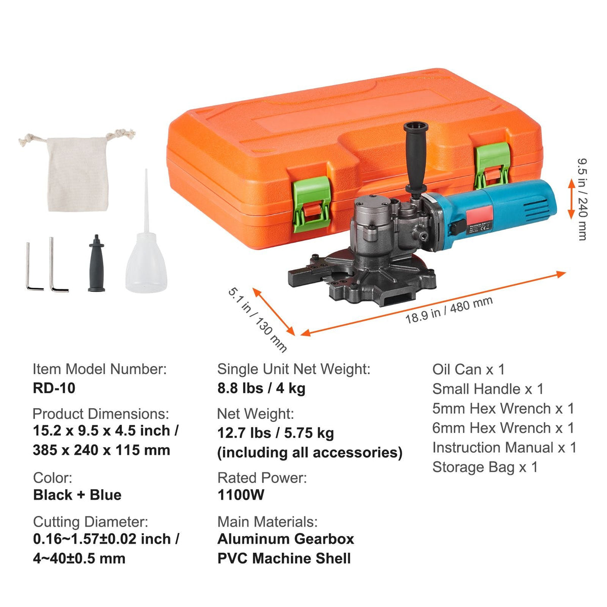 Electric Rebar Cutter, 1100W Portable Rebar Cutter, Cutting up to 3/2 inch (4-40mm) Rebar, High Power Steel Concrete Rebar Cutter with Auxiliary Small Handle Tool Case, RD-10