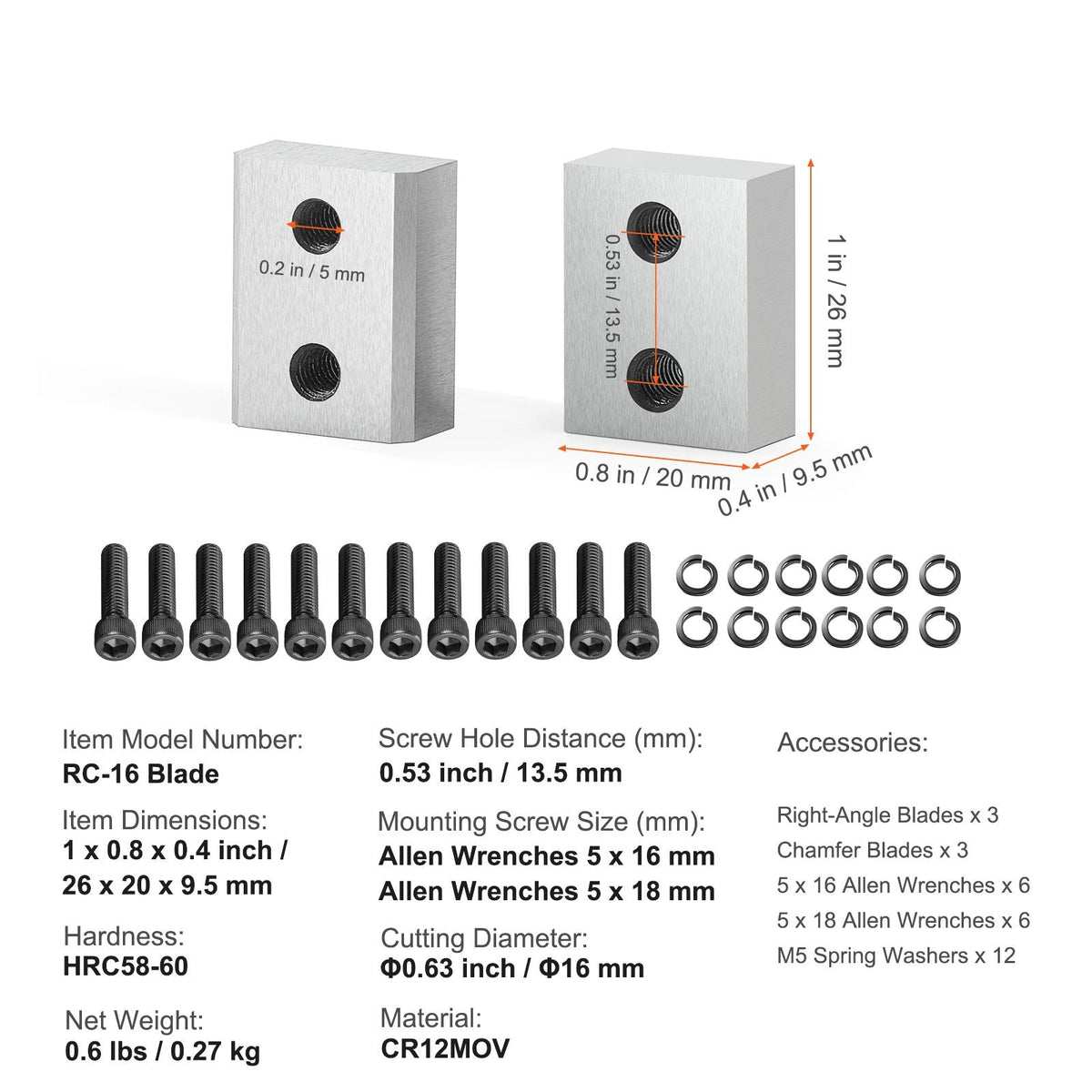 Electric Rebar Cutter Blade, 6 PCS 16mm(5/8 Inch) Cutting Diameter, HRC58-60 Hard Hydraulic Rebar Blade Replacement Jaw Blades with 12 Hexagon Screw and 12 Spring Washer, for Model RC-16