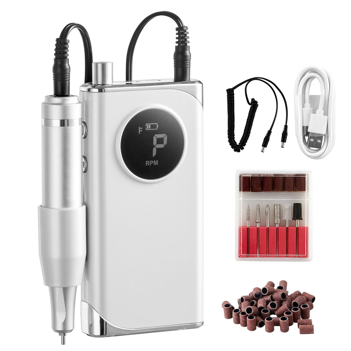 Electric Rechargeable Nail Drill, 40,000RPM Portable Cordless Nail E File Machine, LCD-Display Acrylic Gel Grinder Tool with 6 Bits and 50PCS Sanding Bands for Manicure Pedicure Carve Polish
