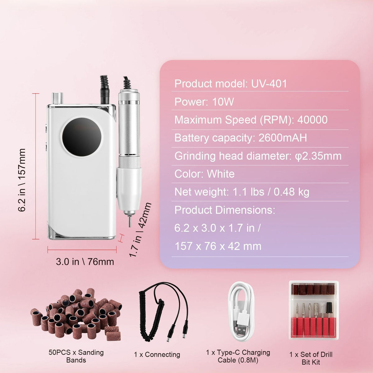 Electric Rechargeable Nail Drill, 40,000RPM Portable Cordless Nail E File Machine, LCD-Display Acrylic Gel Grinder Tool with 6 Bits and 50PCS Sanding Bands for Manicure Pedicure Carve Polish