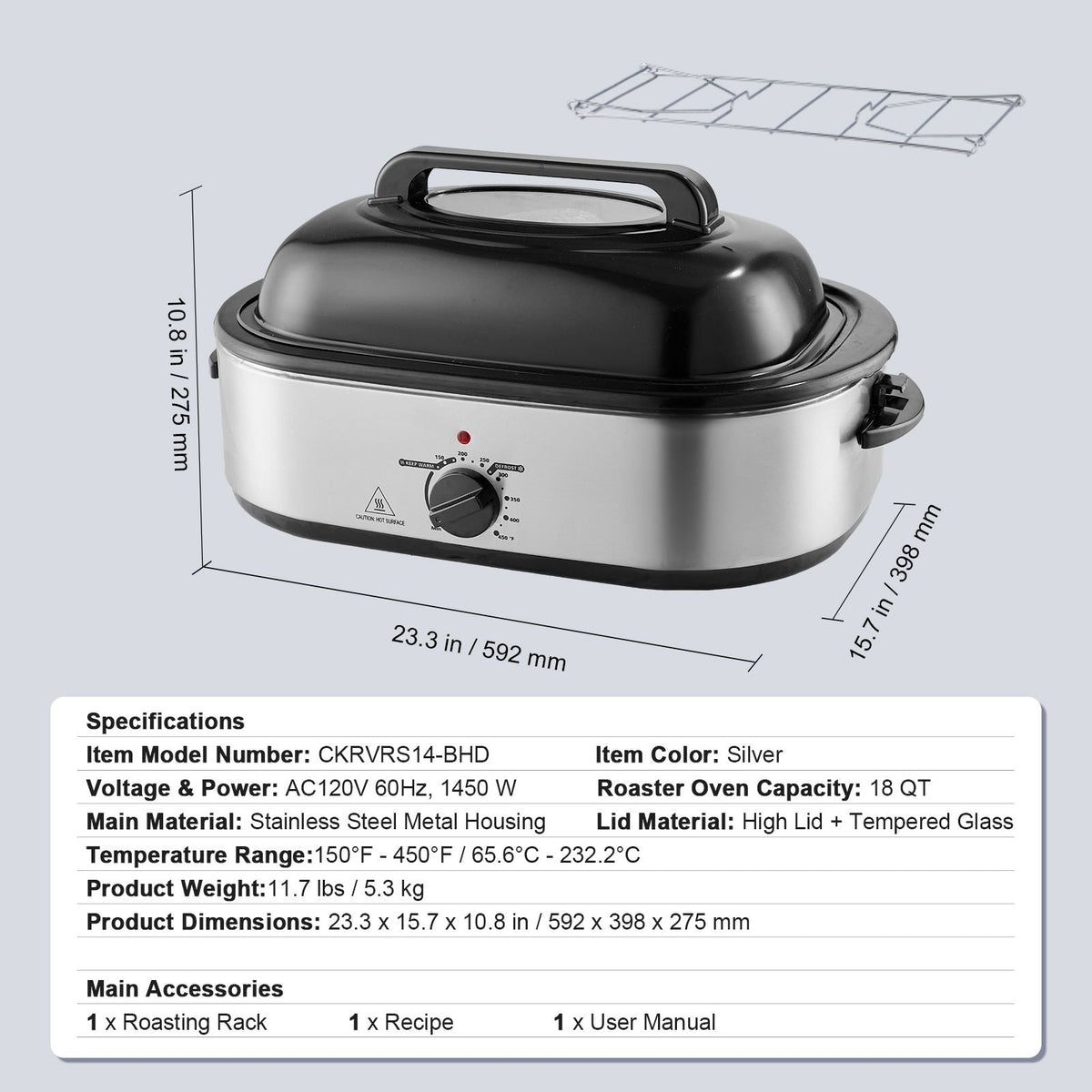 Electric Roaster Oven, 18 QT Turkey Roaster Oven with Self-Basting Lid, 1450W Roaster Oven with Defrost & Warm Function, Adjustable Temperature, Removable Pan & Rack, Fits Turkeys Up to 22LBS
