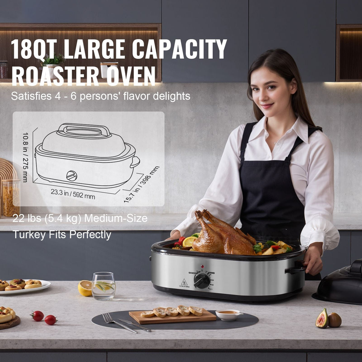 Electric Roaster Oven, 18 QT Turkey Roaster Oven with Self-Basting Lid, 1450W Roaster Oven with Defrost & Warm Function, Adjustable Temperature, Removable Pan & Rack, Fits Turkeys Up to 22LBS
