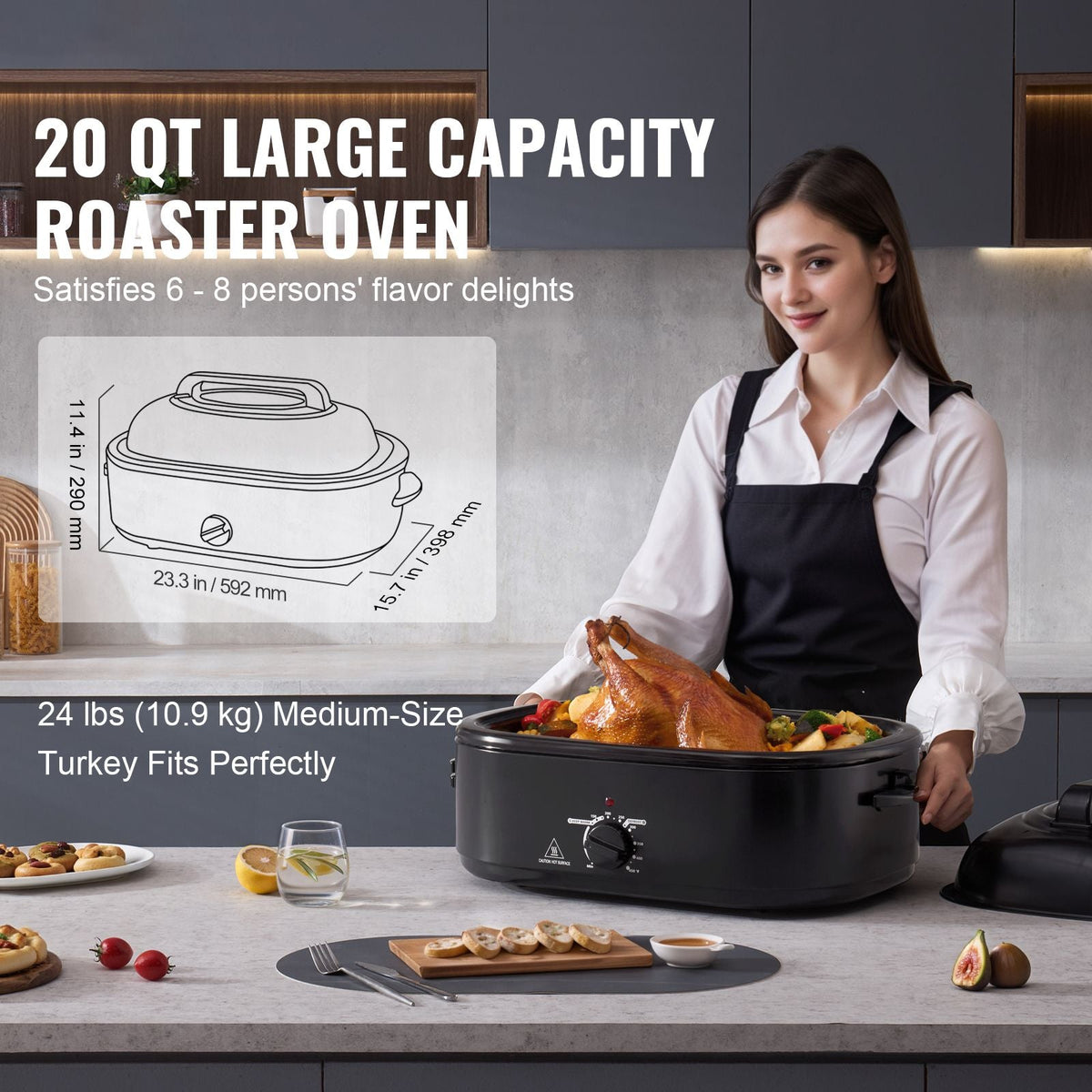 Electric Roaster Oven, 20 QT Turkey Roaster Oven with Self-Basting Lid, 1450W Roaster Oven with Defrost & Warm Function, Adjustable Temperature, Removable Pan & Rack, Fits Turkeys Up to 24LBS