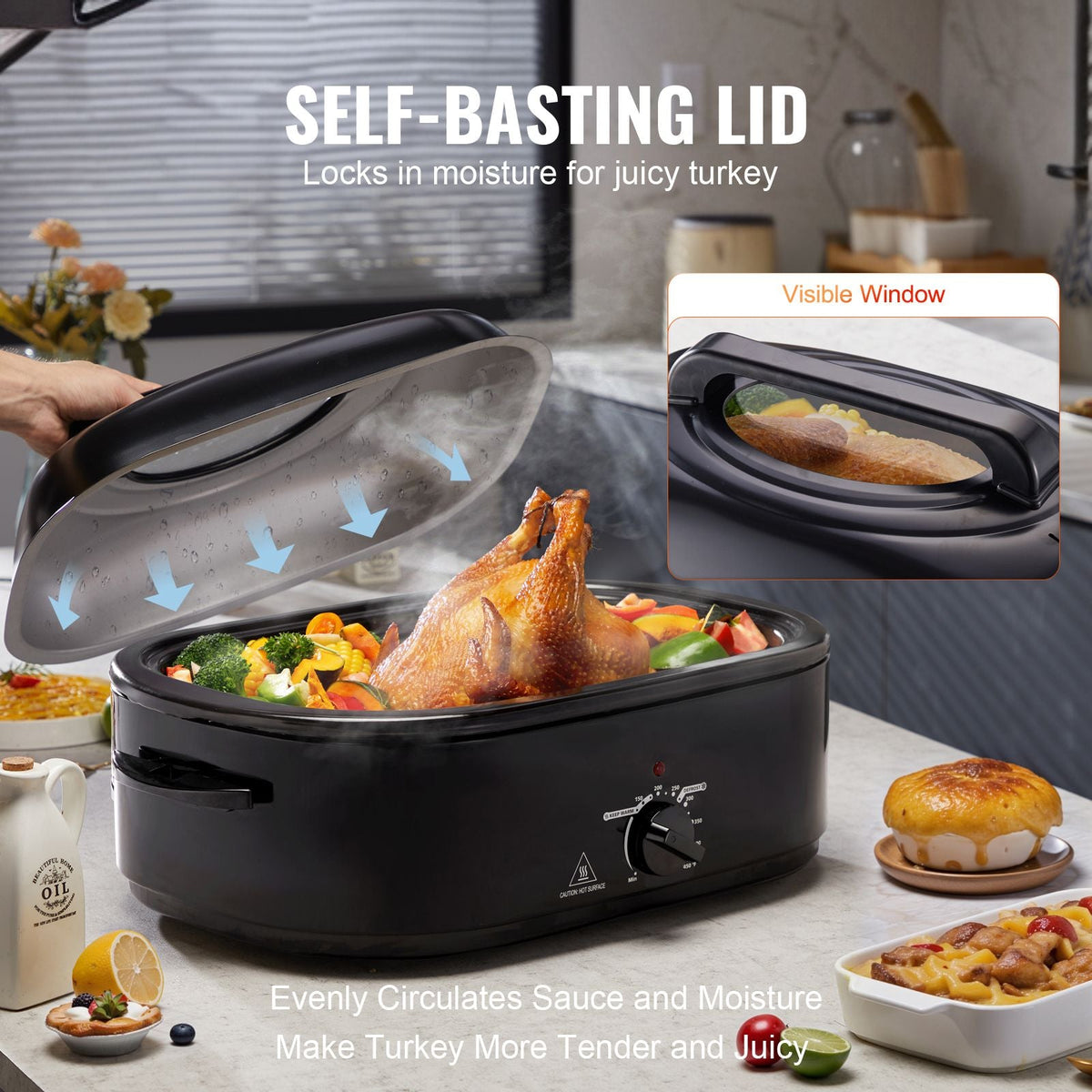 Electric Roaster Oven, 20 QT Turkey Roaster Oven with Self-Basting Lid, 1450W Roaster Oven with Defrost & Warm Function, Adjustable Temperature, Removable Pan & Rack, Fits Turkeys Up to 24LBS