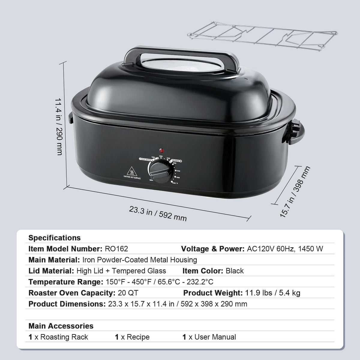Electric Roaster Oven, 20 QT Turkey Roaster Oven with Self-Basting Lid, 1450W Roaster Oven with Defrost & Warm Function, Adjustable Temperature, Removable Pan & Rack, Fits Turkeys Up to 24LBS