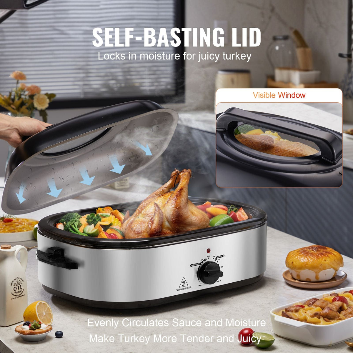 Electric Roaster Oven, 22 QT Turkey Roaster Oven with Self-Basting Lid, 1450W Roaster Oven with Defrost & Warm Function, Adjustable Temp, Removable Pan & Rack, Fits Turkeys Up to 26LBS, Silver