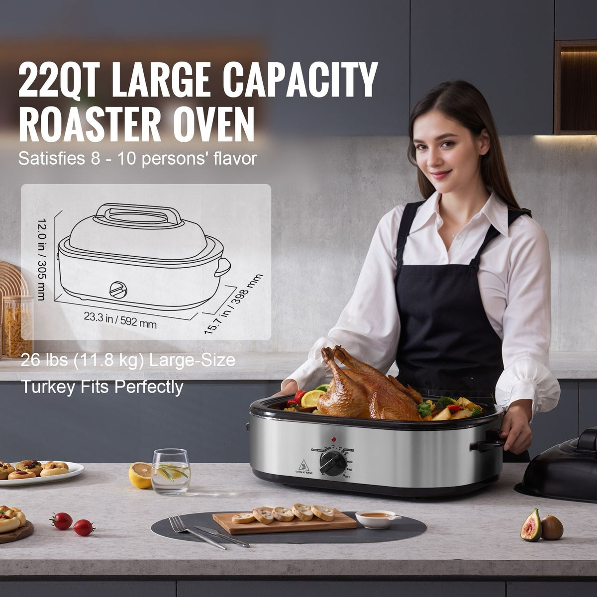 Electric Roaster Oven, 22 QT Turkey Roaster Oven with Self-Basting Lid, 1450W Roaster Oven with Defrost & Warm Function, Adjustable Temp, Removable Pan & Rack, Fits Turkeys Up to 26LBS, Silver