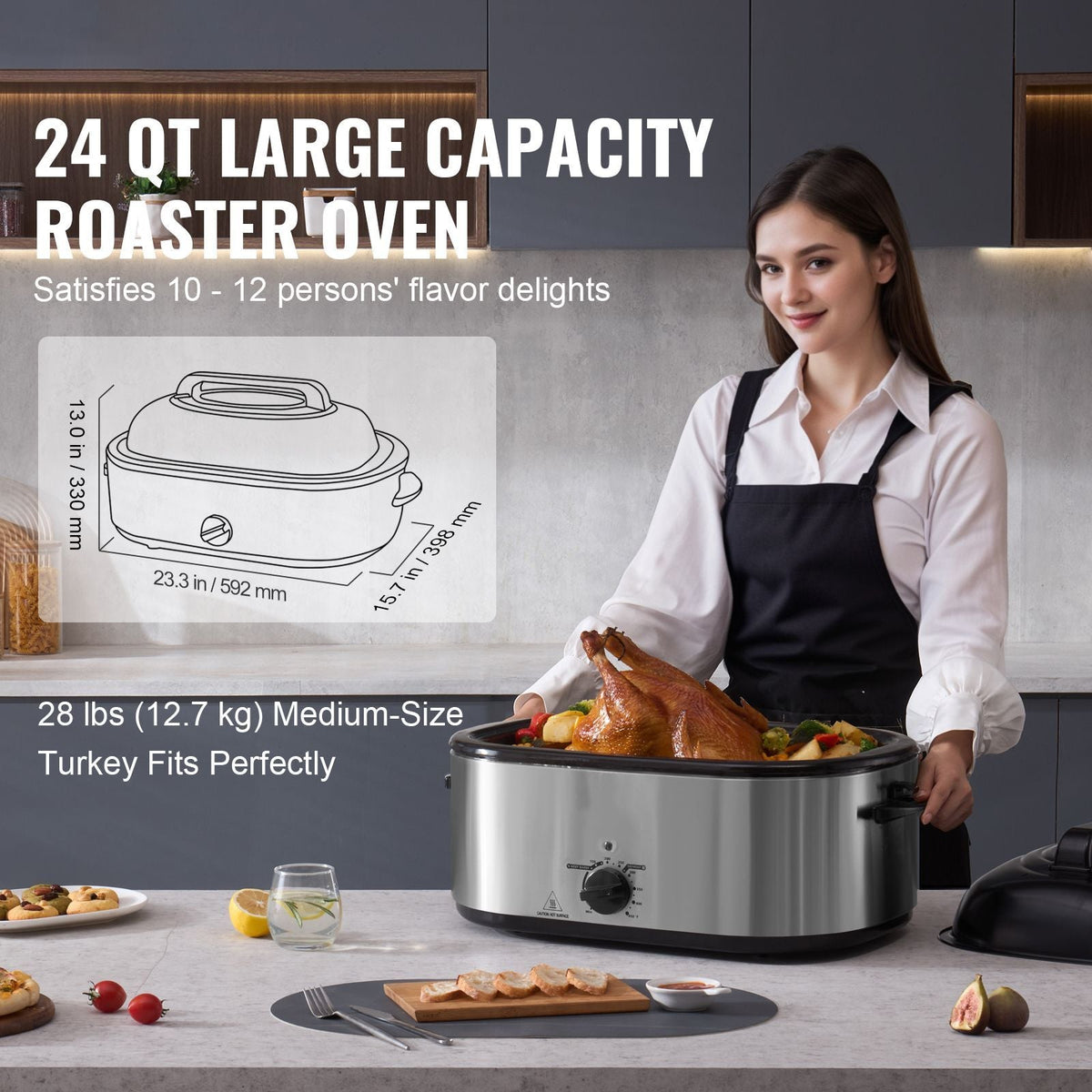 Electric Roaster Oven, 24 QT Turkey Roaster Oven with Self-Basting Lid, 1450W Roaster Oven with Defrost & Warm Function, Adjustable Temp, Removable Pan & Rack, Fits Turkeys Up to 28LBS, Silver
