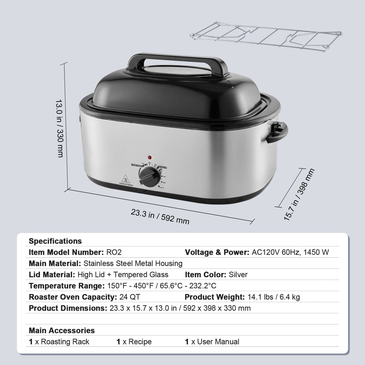 Electric Roaster Oven, 24 QT Turkey Roaster Oven with Self-Basting Lid, 1450W Roaster Oven with Defrost & Warm Function, Adjustable Temp, Removable Pan & Rack, Fits Turkeys Up to 28LBS, Silver