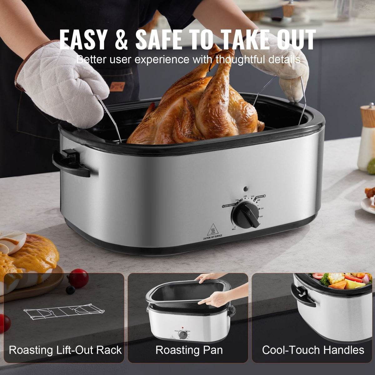 Electric Roaster Oven, 24 QT Turkey Roaster Oven with Self-Basting Lid, 1450W Roaster Oven with Defrost & Warm Function, Adjustable Temp, Removable Pan & Rack, Fits Turkeys Up to 28LBS, Silver