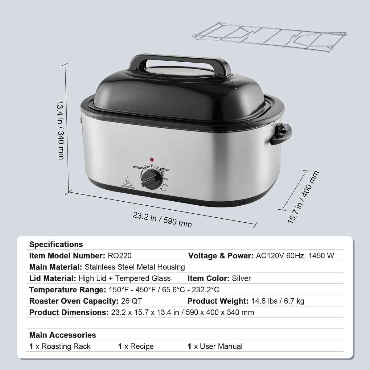 Electric Roaster Oven, 26 QT Turkey Roaster Oven with Self-Basting Lid, 1450W Roaster Oven with Defrost & Warm Function, Adjustable Temperature, Removable Pan & Rack, Fits Turkeys Up to 30LBS