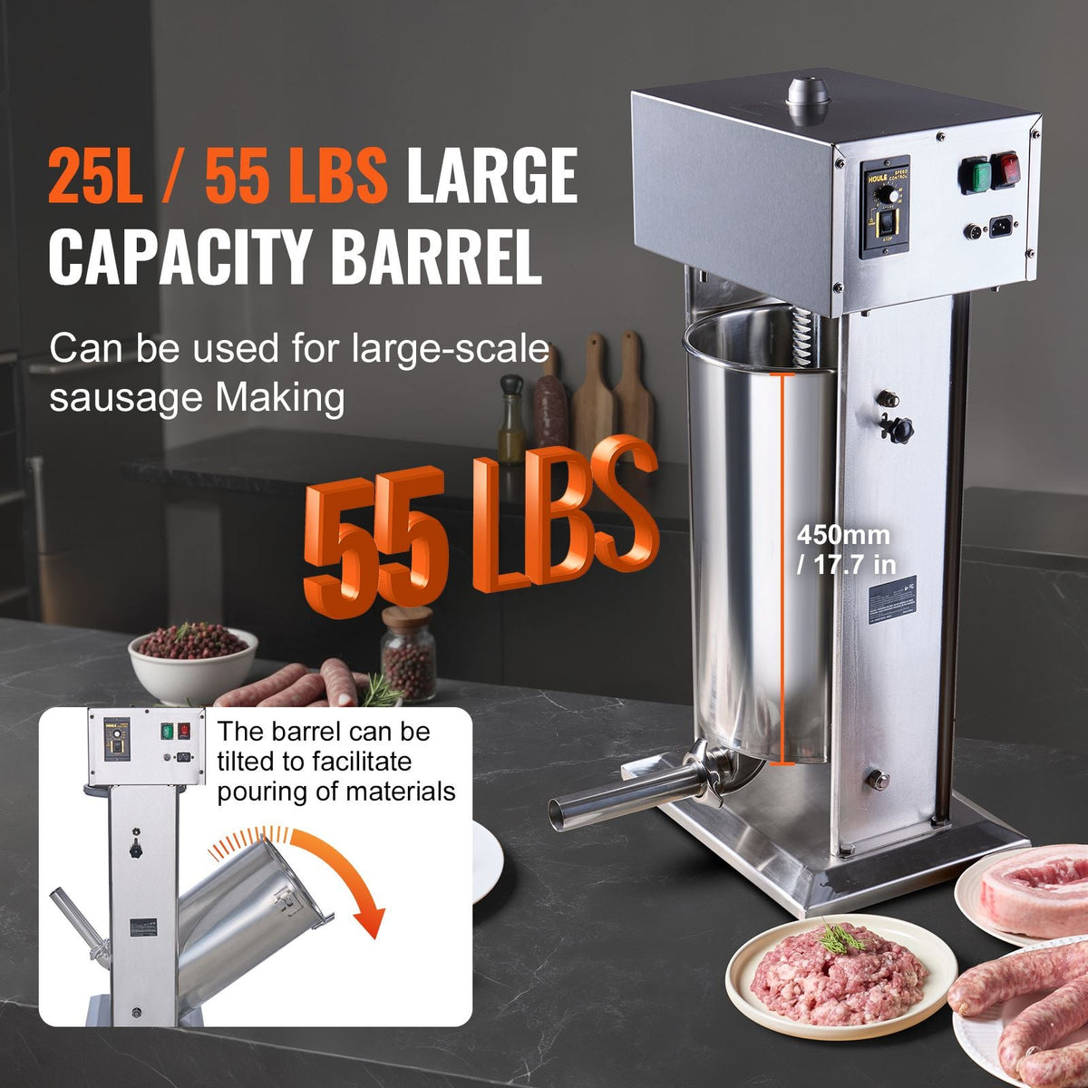 Electric Sausage Stuffer, 25 L / 55 LBS Vertical Meat Stuffer, 400W Motor, Stepless Speed Control and Foot Pedal, Made of Food-grade 304 Stainless Steel, 5 Stuffing Tubes for Home, Commercial