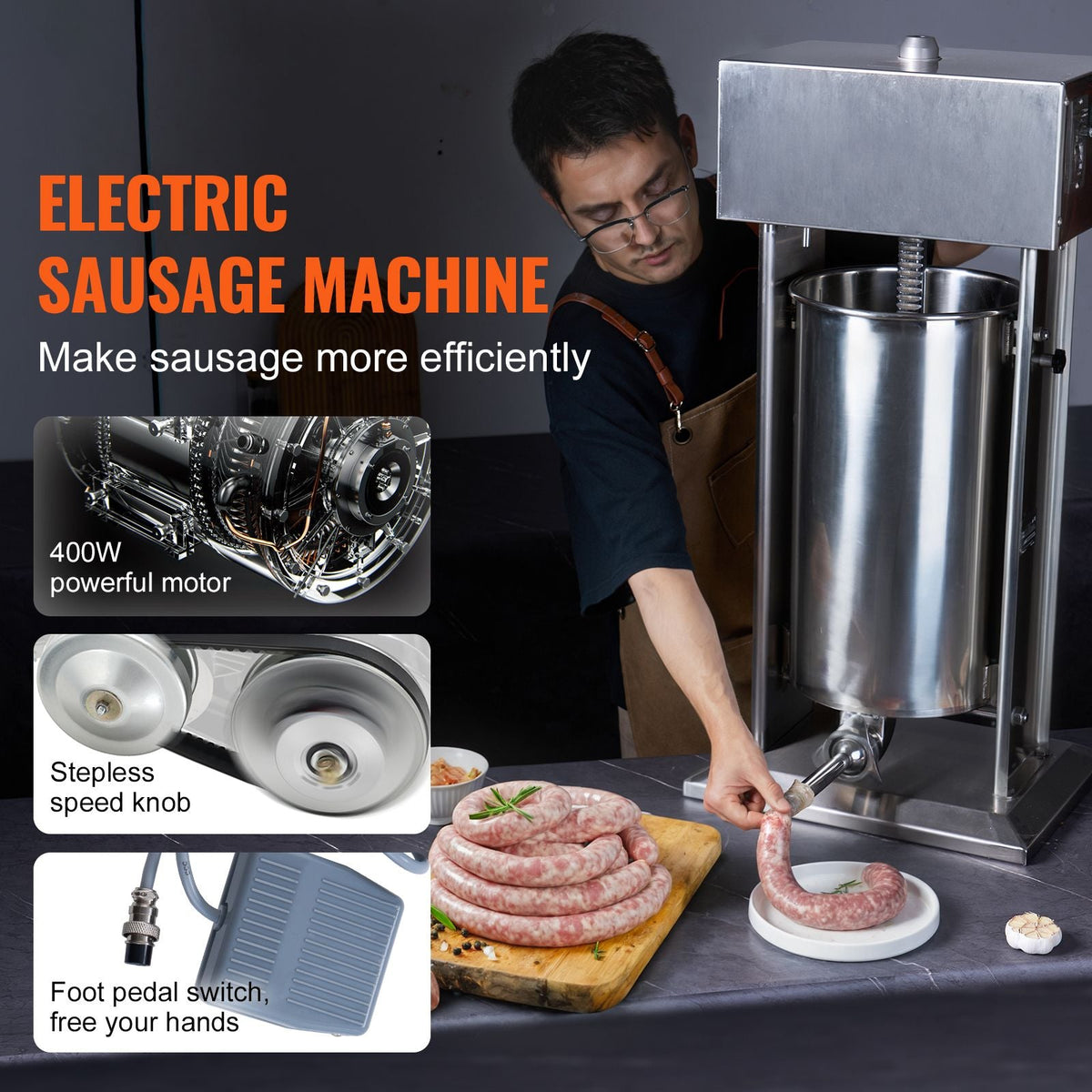 Electric Sausage Stuffer, 25 L / 55 LBS Vertical Meat Stuffer, 400W Motor, Stepless Speed Control and Foot Pedal, Made of Food-grade 304 Stainless Steel, 5 Stuffing Tubes for Home, Commercial
