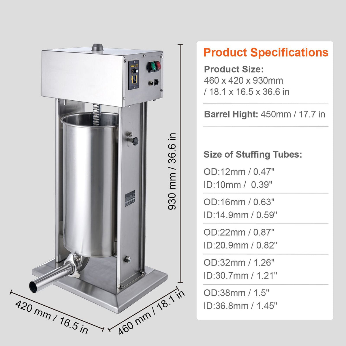 Electric Sausage Stuffer, 25 L / 55 LBS Vertical Meat Stuffer, 400W Motor, Stepless Speed Control and Foot Pedal, Made of Food-grade 304 Stainless Steel, 5 Stuffing Tubes for Home, Commercial