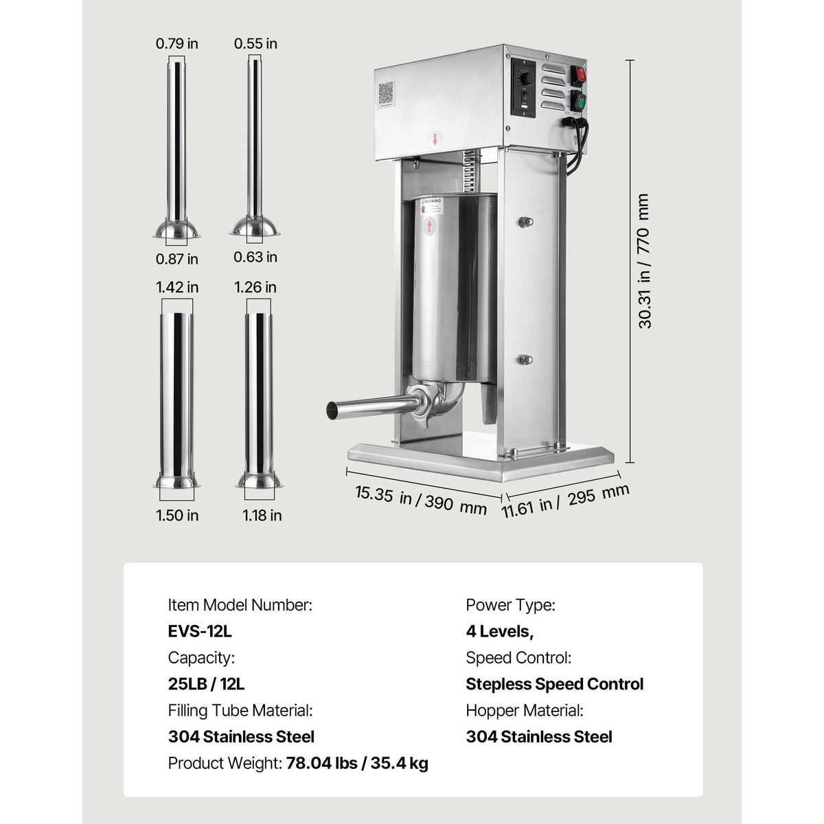 Electric Sausage Stuffer, 25 LBS / 12 L Vertical Meat Stuffer, Stepless Speed Control and Foot Pedal, Stainless Steel Heavy Duty Sausage Filler with 4 Stuffing Tubes, for Commercial & Home Use