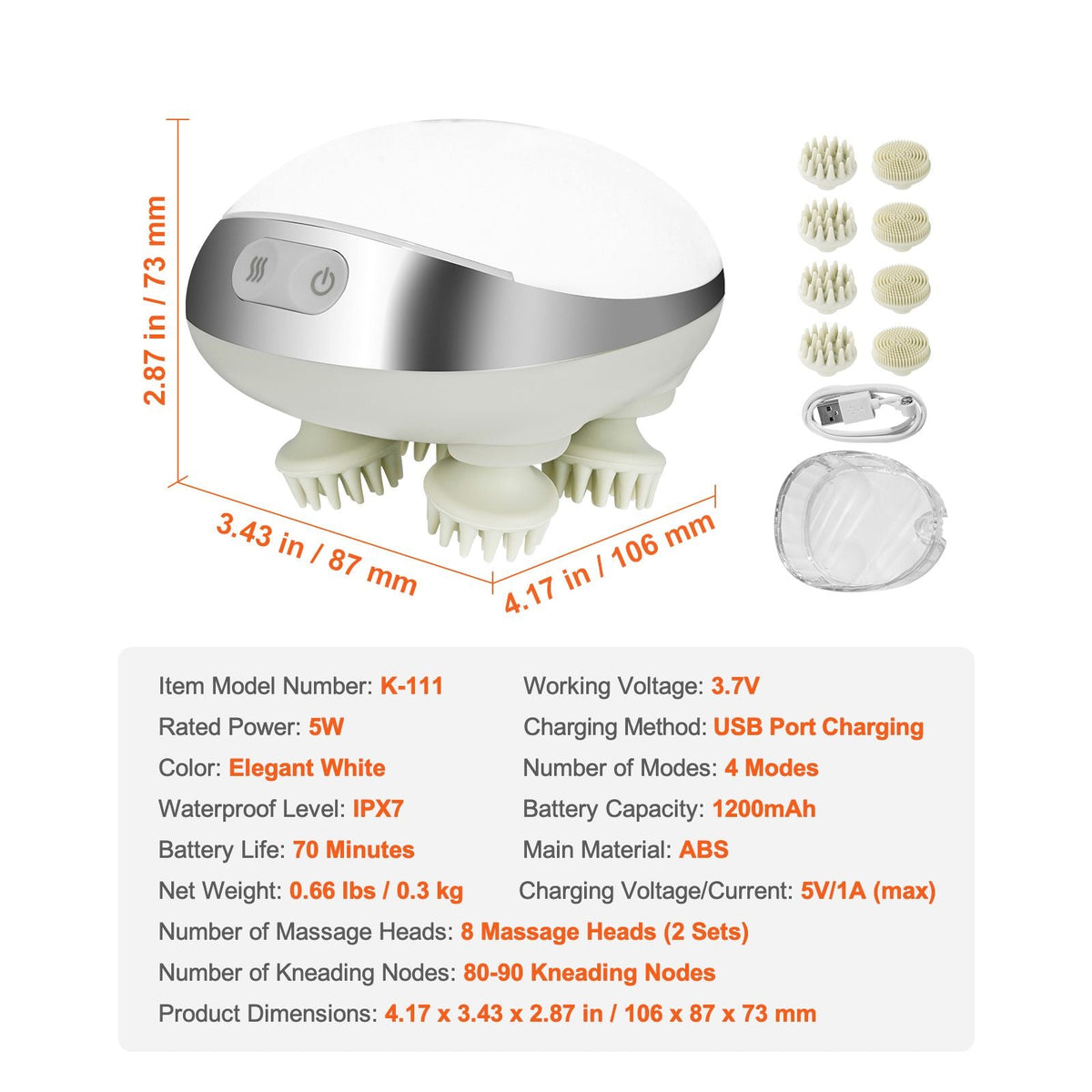 Electric Scalp Massager with Heat, Rechargeable Heated Head Massager, IPX7 Waterproof | Portable Kneading Scalp Scratcher with 8 Removable Massage Head for Hair Growth, Deep Clean, Stress Relax
