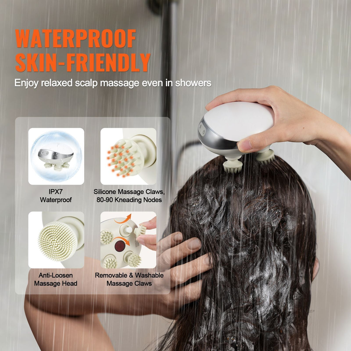 Electric Scalp Massager with Heat, Rechargeable Heated Head Massager, IPX7 Waterproof | Portable Kneading Scalp Scratcher with 8 Removable Massage Head for Hair Growth, Deep Clean, Stress Relax