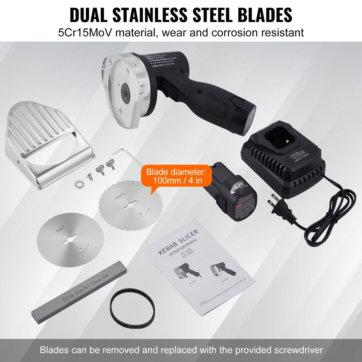 Electric Shawarma Knife, 80W Cordless Battery Professional Turkish Knife, Commercial Stainless Steel Gyro Cutter, Doner Kebab Meat Slicer with 2 Blades, Φ4"/100mm, 0-8mm Adjustable Thickness