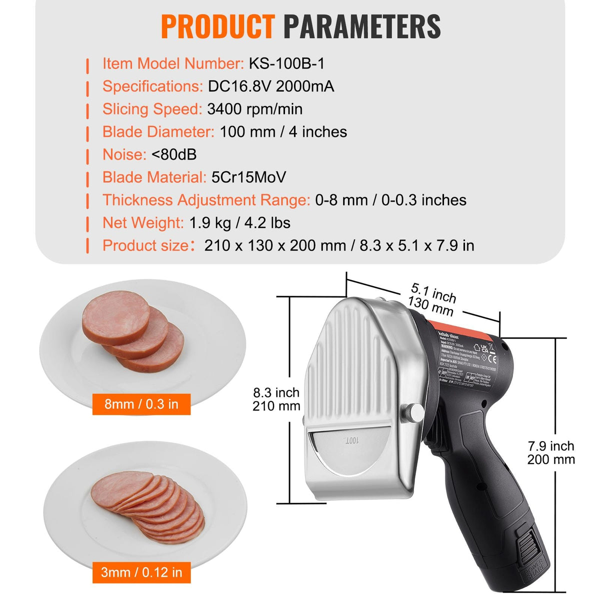 Electric Shawarma Knife, 80W Cordless Battery Professional Turkish Knife, Commercial Stainless Steel Gyro Cutter, Doner Kebab Meat Slicer with 2 Blades, Φ4"/100mm, 0-8mm Adjustable Thickness
