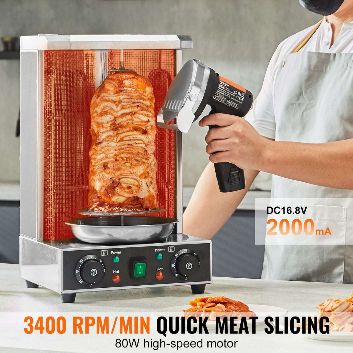 Electric Shawarma Knife, 80W Cordless Battery Professional Turkish Knife, Commercial Stainless Steel Gyro Cutter, Doner Kebab Meat Slicer with 2 Blades, Φ4"/100mm, 0-8mm Adjustable Thickness