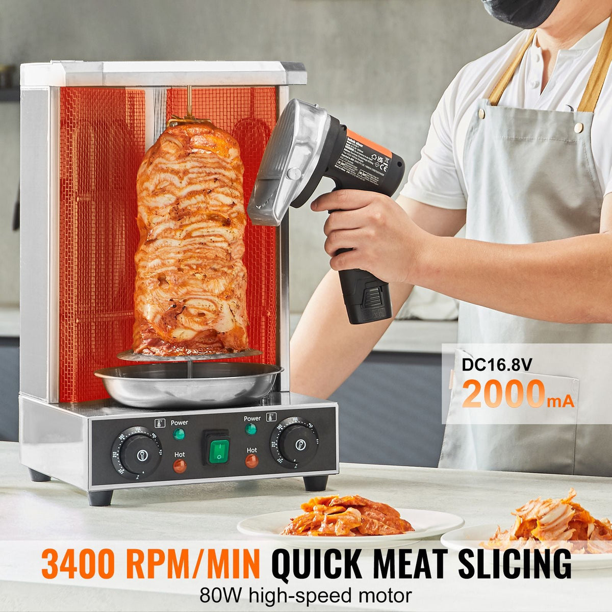 Electric Shawarma Knife, 80W Cordless Battery Professional Turkish Knife, Commercial Stainless Steel Gyro Cutter, Doner Kebab Meat Slicer with 2 Blades, Φ4"/100mm, 0-8mm Adjustable Thickness