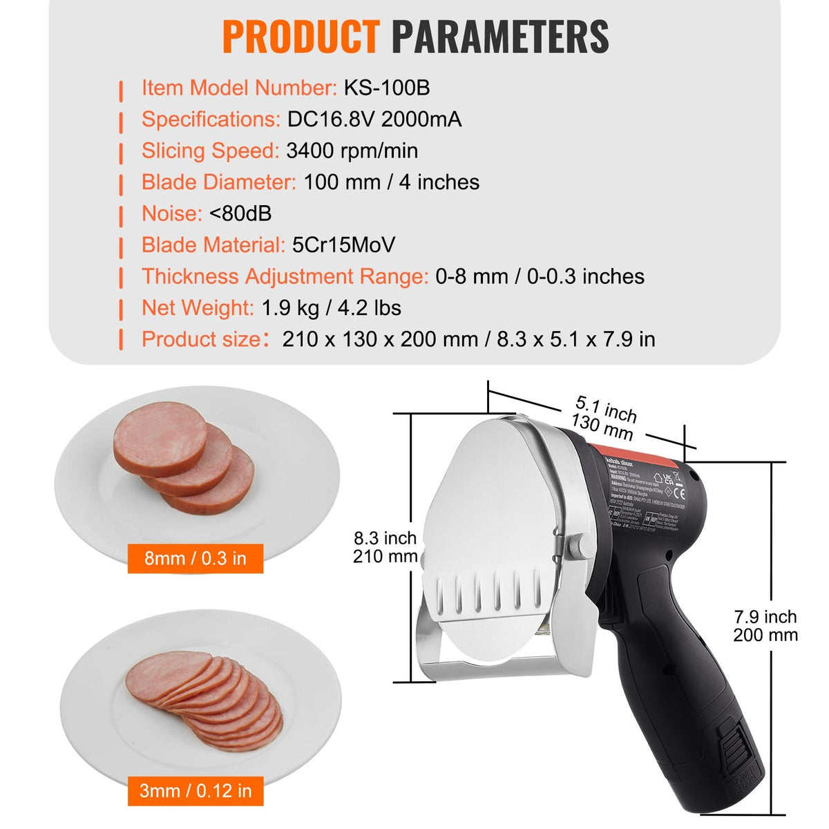 Electric Shawarma Knife, 80W Cordless Battery Professional Turkish Knife, Commercial Stainless Steel Gyro Cutter, Doner Kebab Meat Slicer with 2 Blades, Φ4"/100mm, 0-8mm Adjustable Thickness