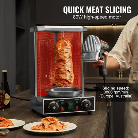 Electric Shawarma Knife, 80W Professional Turkish Kebab Knife, Commercial Stainless Steel Gyro Cutter, Doner Kebab Meat Slicer with 2 Blades, Φ4"/100mm Blade Diameter, 0-8mm Adjustable Thickness