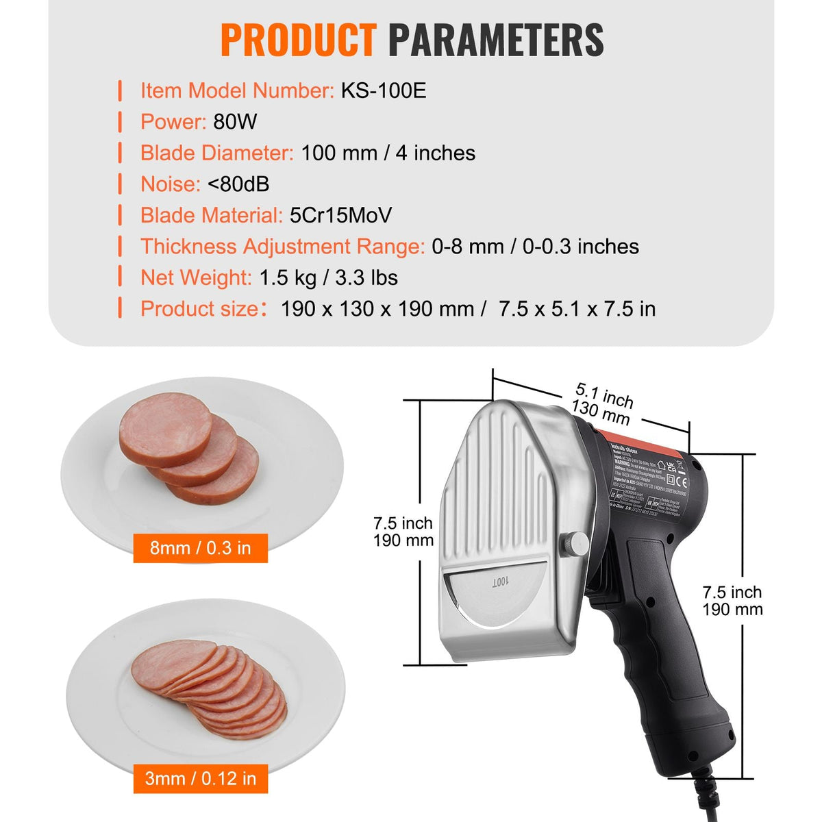 Electric Shawarma Knife, 80W Professional Turkish Kebab Knife, Commercial Stainless Steel Gyro Cutter, Doner Kebab Meat Slicer with 2 Blades, Φ4"/100mm Blade Diameter, 0-8mm Adjustable Thickness