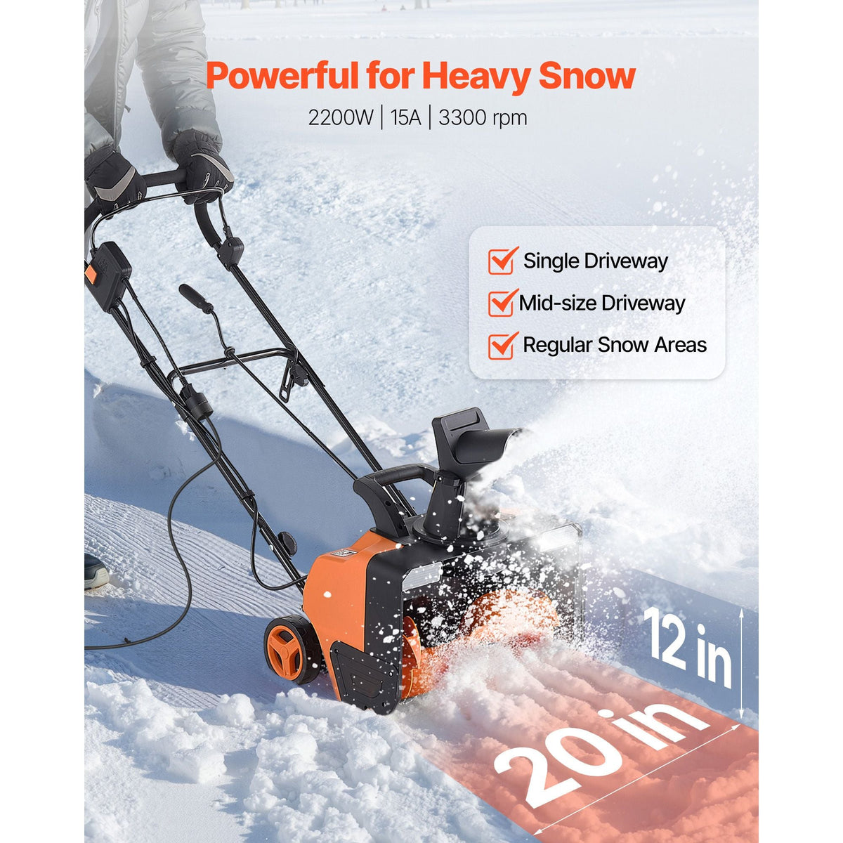 Electric Snow Blower, 20 inch 15A Corded Snow Thrower with Dual LED Headlights & 180° Rotating Chute, 25FT Throwing Distance, 12" Depth Clearing, Walk-Behind Snowblower for Driveway Sidewalk