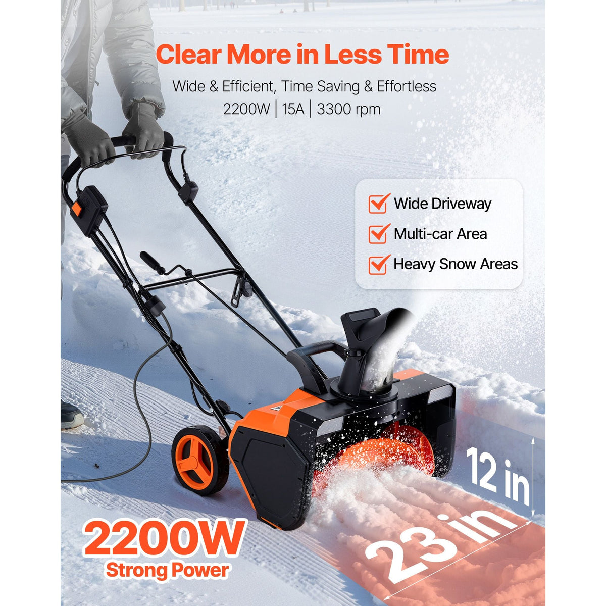 Electric Snow Blower, 23 inch 15A Corded Snow Thrower with Dual LED Headlights & 180° Rotating Chute, 25FT Throwing Distance, 12" Depth Clearing, Walk-Behind Snowblower for Driveway Sidewalk