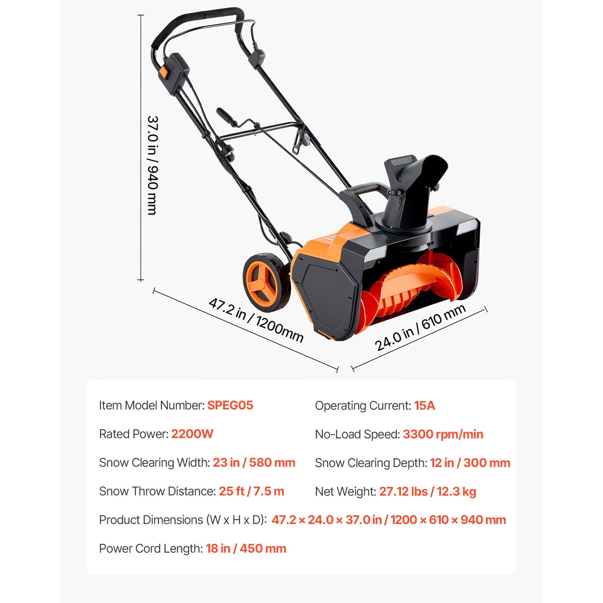 Electric Snow Blower, 23 inch 15A Corded Snow Thrower with Dual LED Headlights & 180° Rotating Chute, 25FT Throwing Distance, 12" Depth Clearing, Walk-Behind Snowblower for Driveway Sidewalk