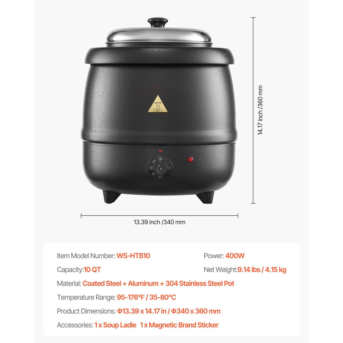 Electric Soup Warmer, 10QT Commercial Soup Kettle with 304 Stainless Steel Detachable Insert Pot, 95~176 Fahrenheit Adjustable Temperature, Soup Station for Restaurant and Big Family, Black