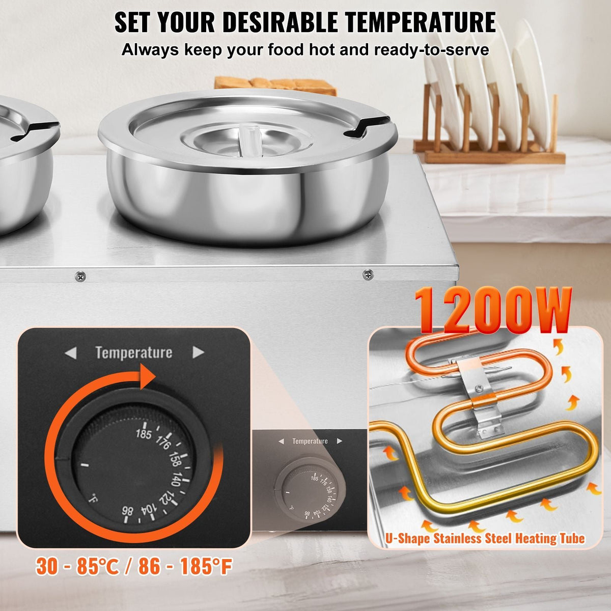 Electric Soup Warmer, Dual 7.4QT Stainless Steel Round Pot, 1200W Commercial Food Warmer, 86~185 Fahrenheit Adjustable Temp, Bain Marie with Anti-Dry Burn and Reset Button