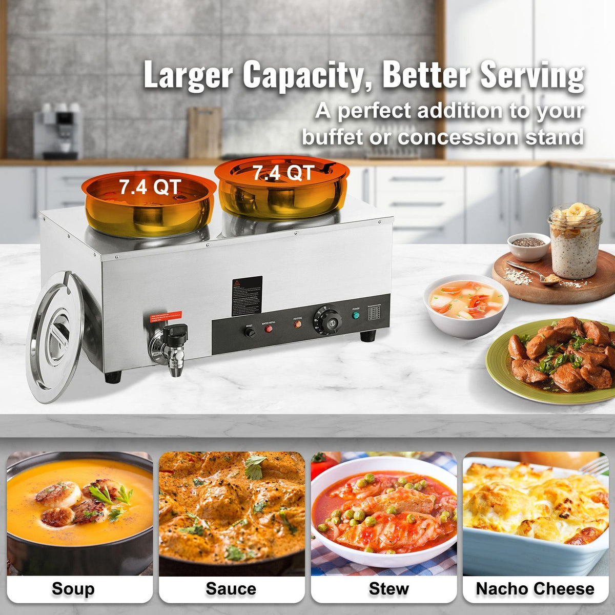 Electric Soup Warmer, Dual 7.4QT Stainless Steel Round Pot, 1200W Commercial Food Warmer, 86~185 Fahrenheit Adjustable Temp, Bain Marie with Anti-Dry Burn and Reset Button
