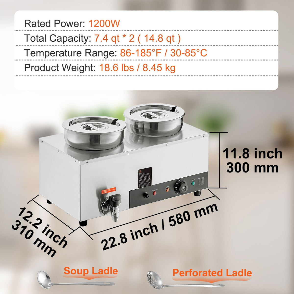 Electric Soup Warmer, Dual 7.4QT Stainless Steel Round Pot, 1200W Commercial Food Warmer, 86~185 Fahrenheit Adjustable Temp, Bain Marie with Anti-Dry Burn and Reset Button