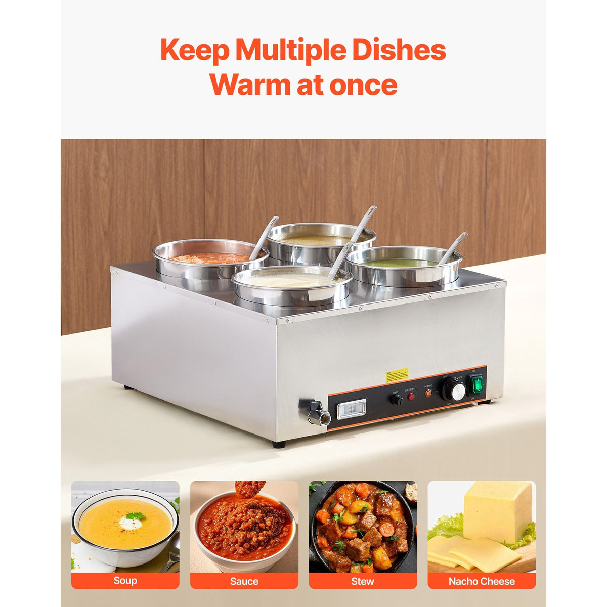 Electric Soup Warmer, Four 6.34QT Stainless Steel Round Pot with 86~185 Fahrenheit Adjustable Temp, 1500W Commercial Bain Marie with Anti-dry Burn and Reset Button, Soup Station for Buffet