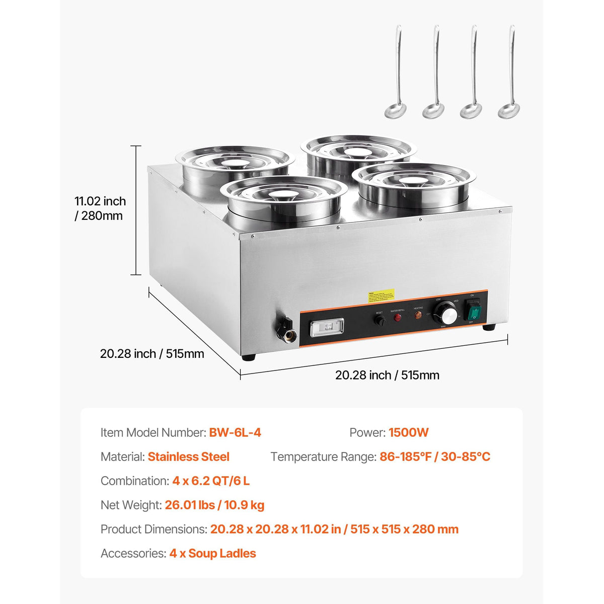 Electric Soup Warmer, Four 6.34QT Stainless Steel Round Pot with 86~185 Fahrenheit Adjustable Temp, 1500W Commercial Bain Marie with Anti-dry Burn and Reset Button, Soup Station for Buffet
