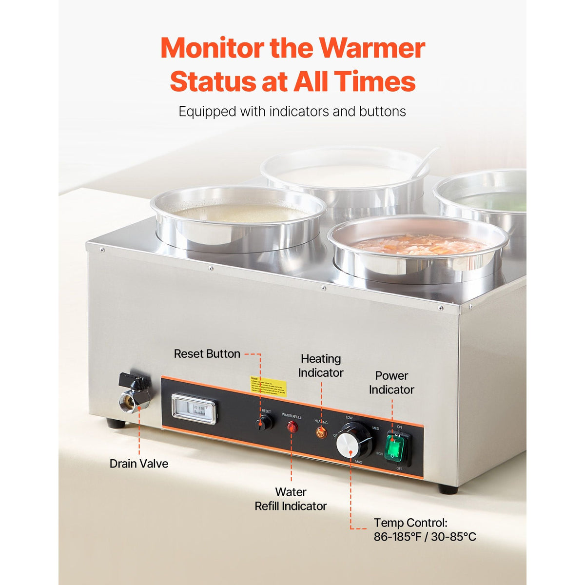 Electric Soup Warmer, Four 6.34QT Stainless Steel Round Pot with 86~185 Fahrenheit Adjustable Temp, 1500W Commercial Bain Marie with Anti-dry Burn and Reset Button, Soup Station for Buffet