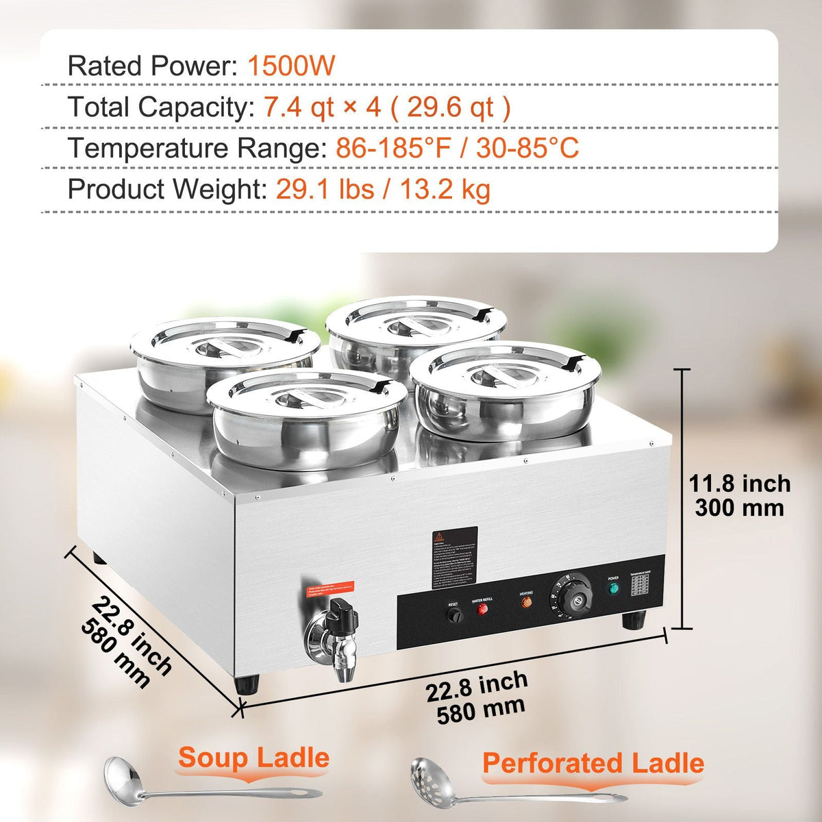 Electric Soup Warmer, Four 7.4QT Stainless Steel Round Pot, 1500W Commercial Food Warmer, 86-185 F Adjustable Temp, Bain Marie with Anti-Dry Burn and Reset Button, for Restaurant, Buffet