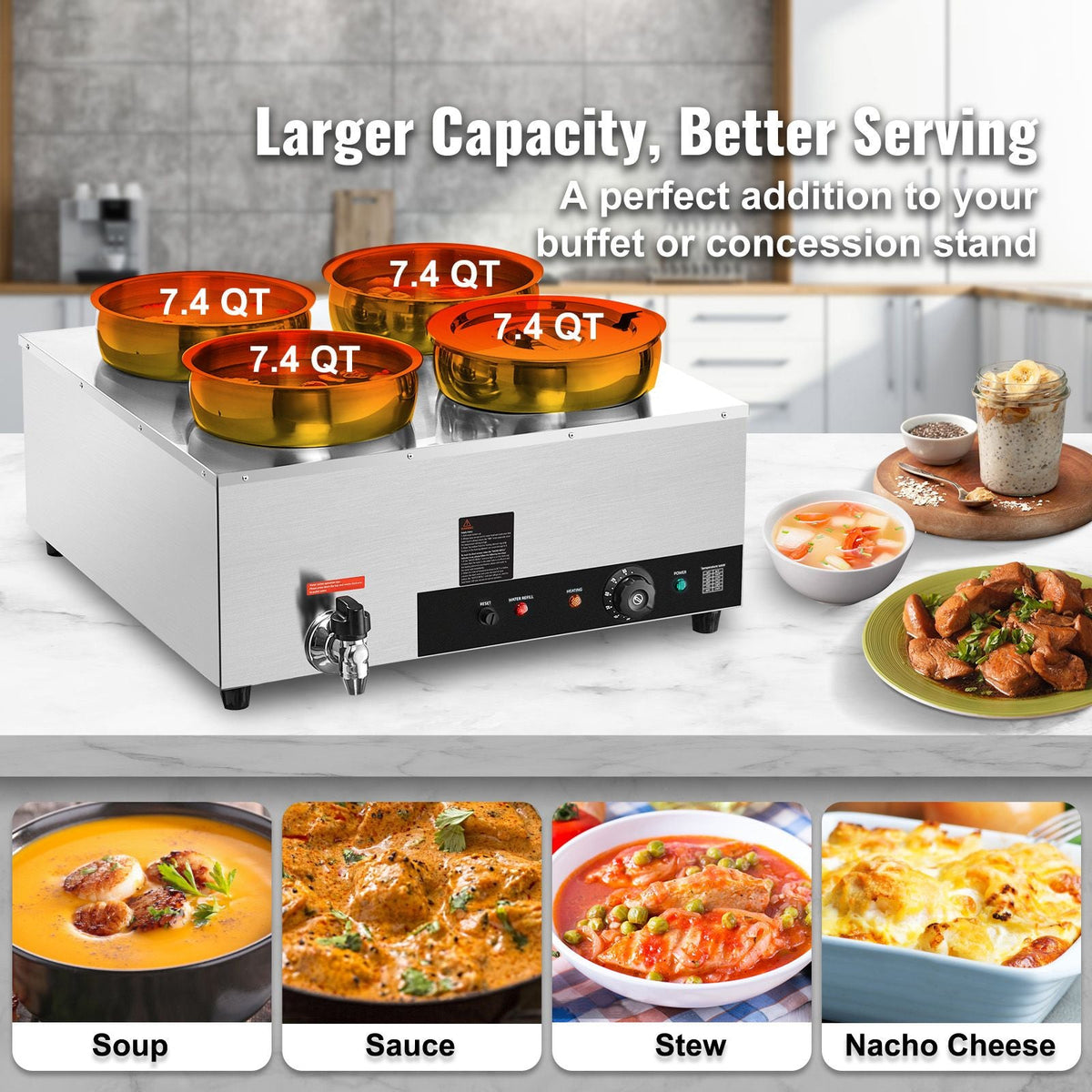 Electric Soup Warmer, Four 7.4QT Stainless Steel Round Pot, 1500W Commercial Food Warmer, 86-185 F Adjustable Temp, Bain Marie with Anti-Dry Burn and Reset Button, for Restaurant, Buffet