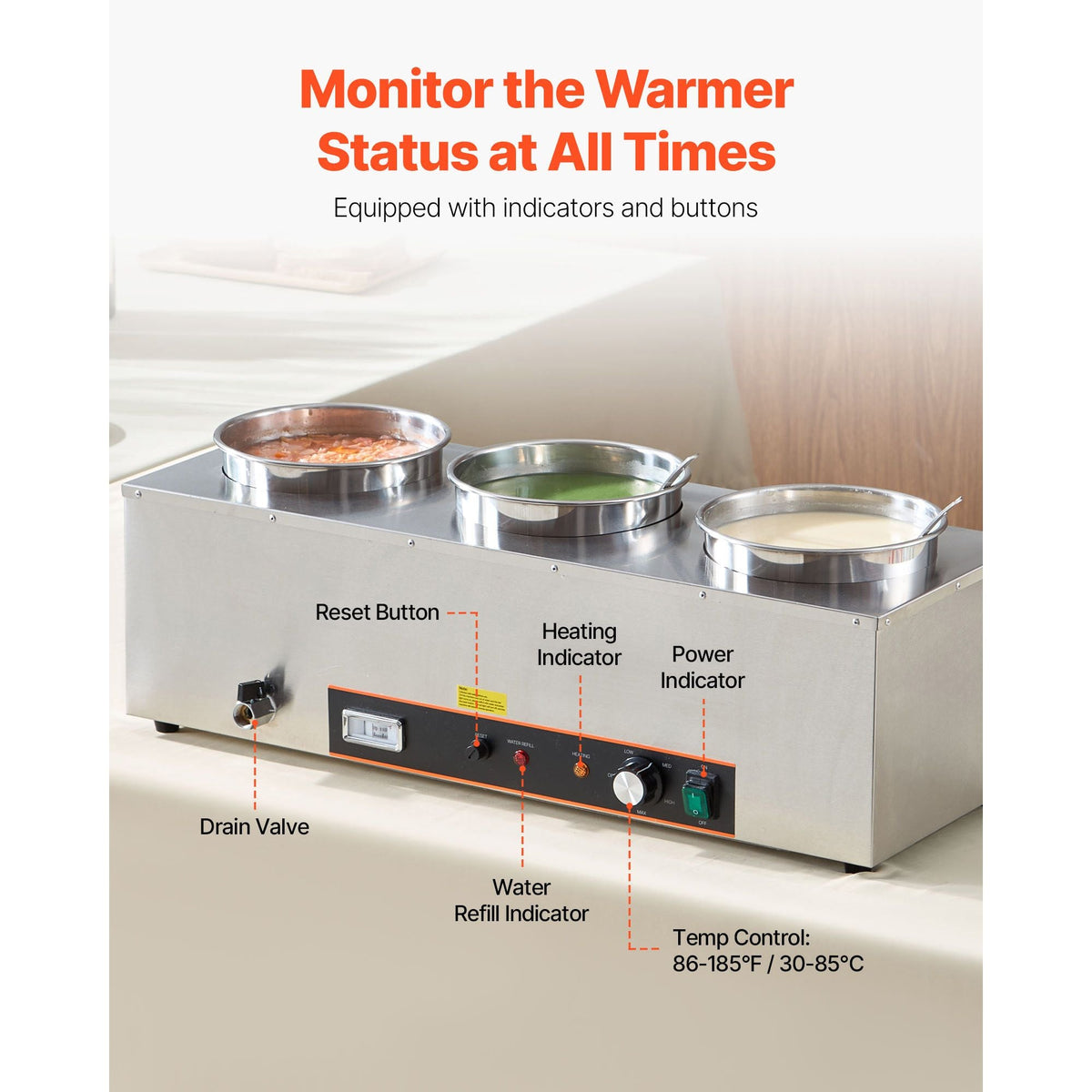Electric Soup Warmer, Three 6.34QT Stainless Steel Round Pot with 86~185 Fahrenheit Adjustable Temp, 1500W Commercial Bain Marie with Anti-dry Burn and Reset Button, Soup Station for Buffet