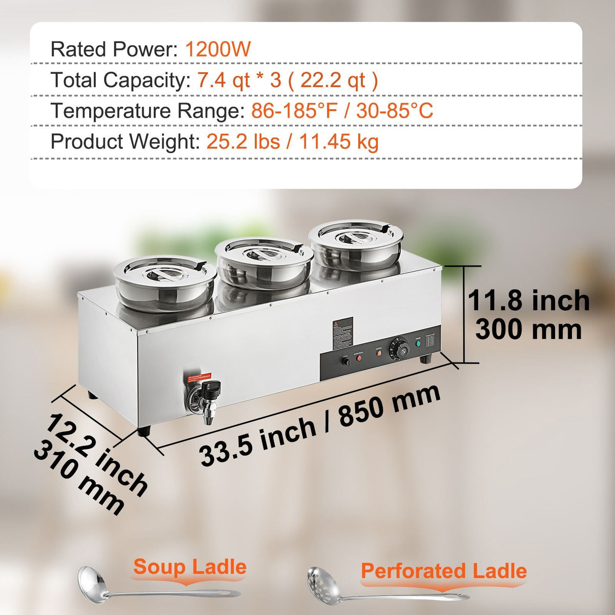 Electric Soup Warmer, Three 7.4QT Stainless Steel Round Pot, 1200W Commercial Food Warmer, 86~185 Fahrenheit Adjustable Temp, Bain Marie with Anti-Dry Burn and Reset Button