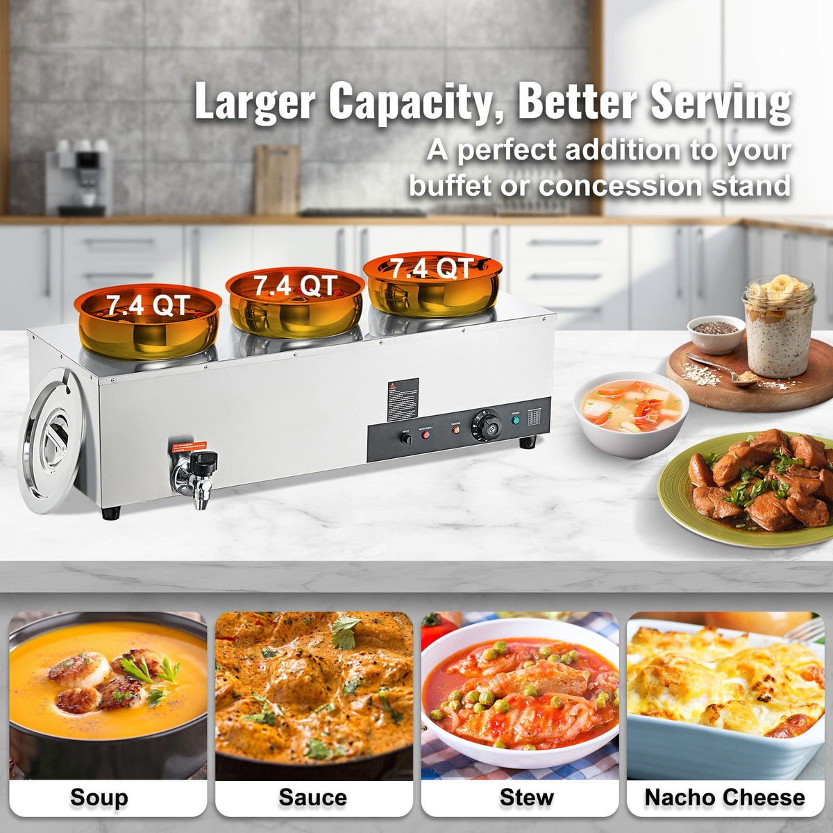 Electric Soup Warmer, Three 7.4QT Stainless Steel Round Pot, 1200W Commercial Food Warmer, 86~185 Fahrenheit Adjustable Temp, Bain Marie with Anti-Dry Burn and Reset Button