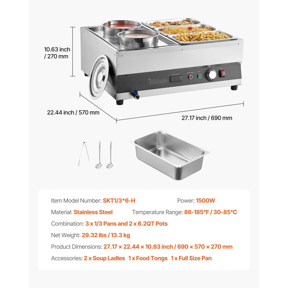 Electric Soup Warmer, Two 6.34QT Pots & Three 1/3 Pans, Stainless Steel Commercial Food Warmer with 86~185 Fahrenheit Adjustable Temp, 1500W Bain Marie, Soup Station for Restaurant, Buffet