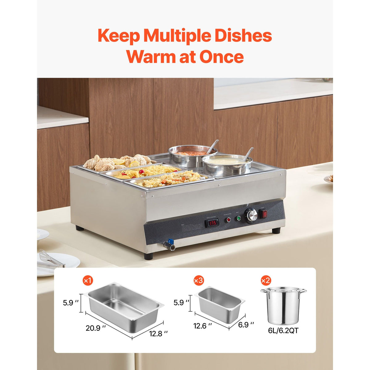 Electric Soup Warmer, Two 6.34QT Pots & Three 1/3 Pans, Stainless Steel Commercial Food Warmer with 86~185 Fahrenheit Adjustable Temp, 1500W Bain Marie, Soup Station for Restaurant, Buffet