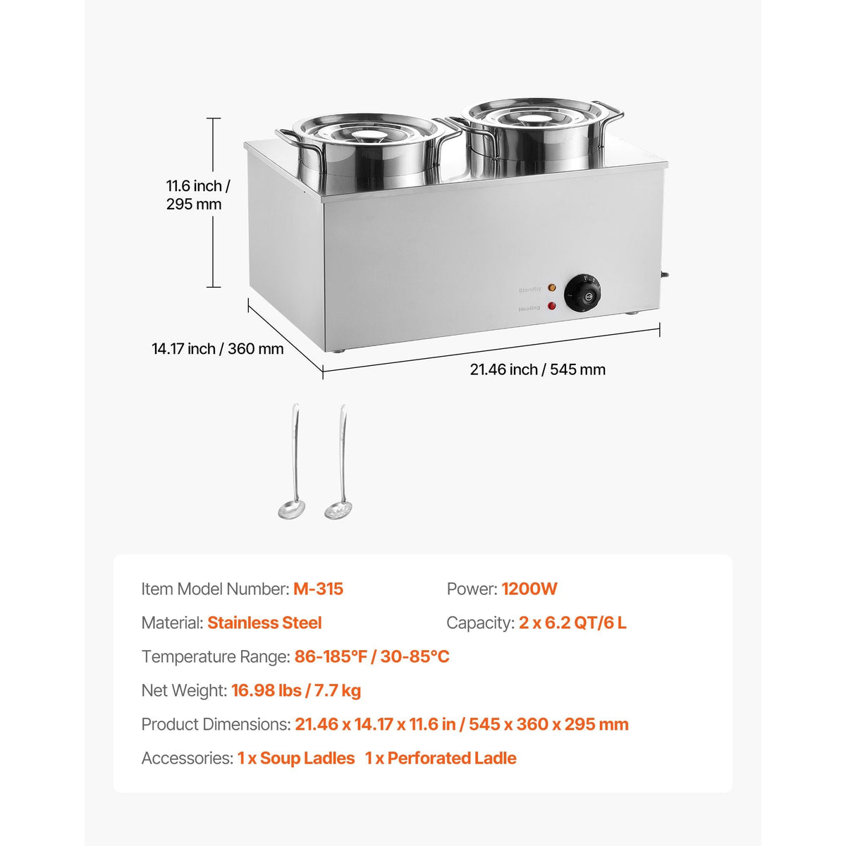 Electric Soup Warmer, Two 6.34QT Stainless Steel Round Pot with 86~185 Fahrenheit Adjustable Temp, 1200W Commercial Bain Marie Compatible with Pans, Soup Station for Restaurant, Buffet